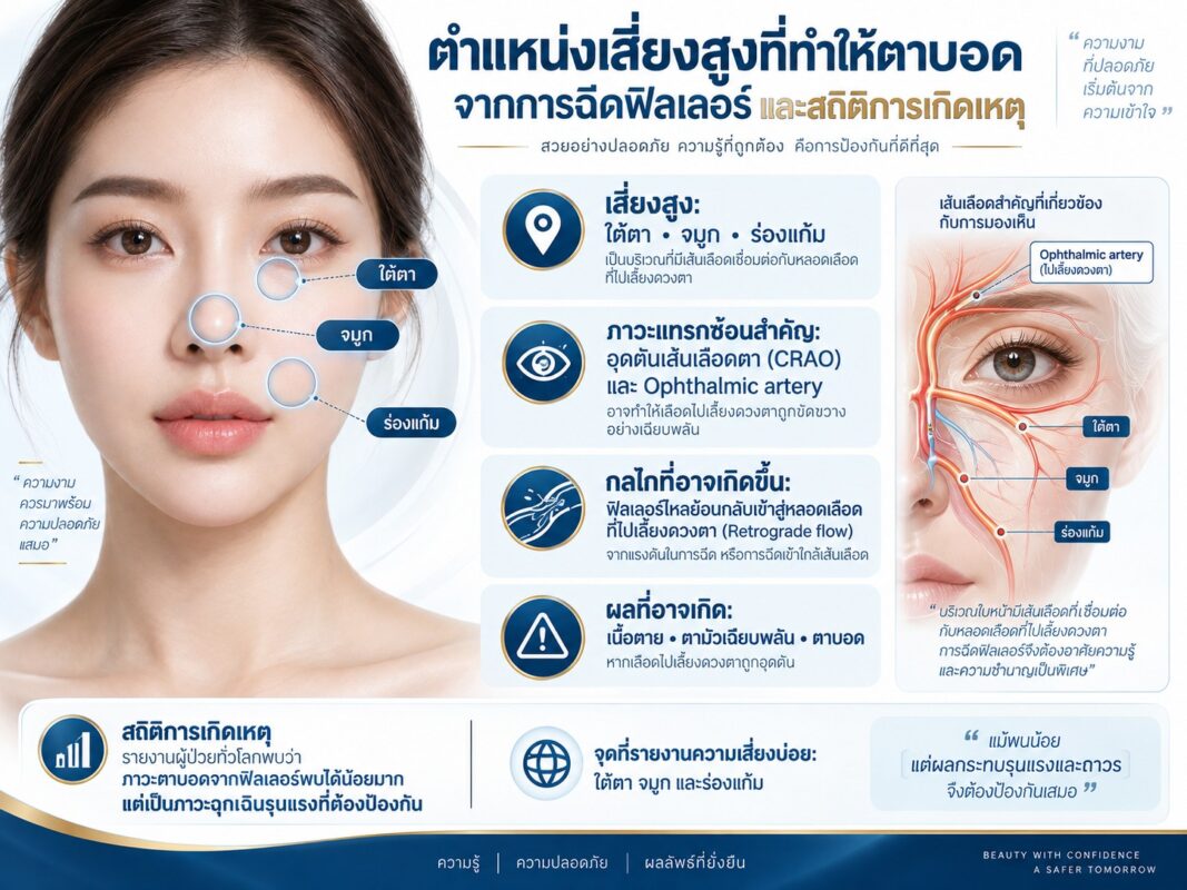 ตำแหน่งเสี่ยงสูงที่ทำให้ตาบอดจากการฉีดฟิลเลอร์ และสถิติการเกิดเหตุ