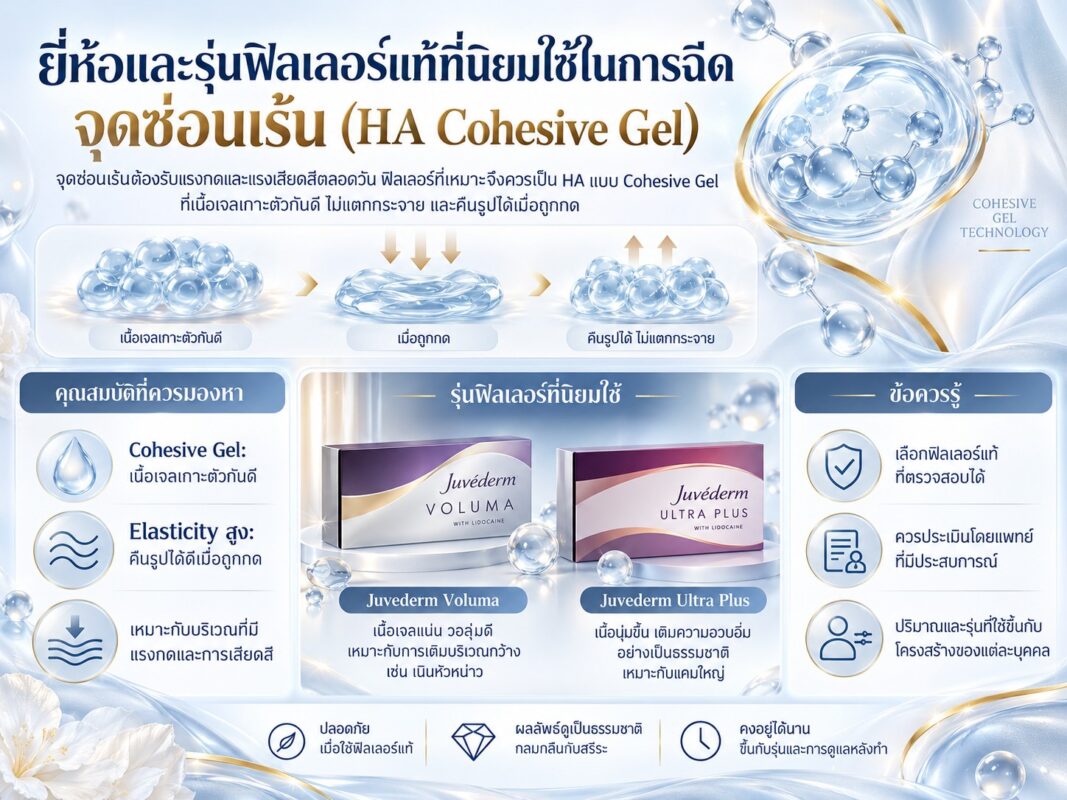 ยี่ห้อและรุ่นฟิลเลอร์แท้ที่นิยมใช้ในการฉีดจุดซ่อนเร้น (HA Cohesive Gel)