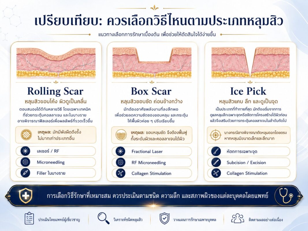 เปรียบเทียบ: ควรเลือกวิธีไหนตามประเภทหลุมสิว